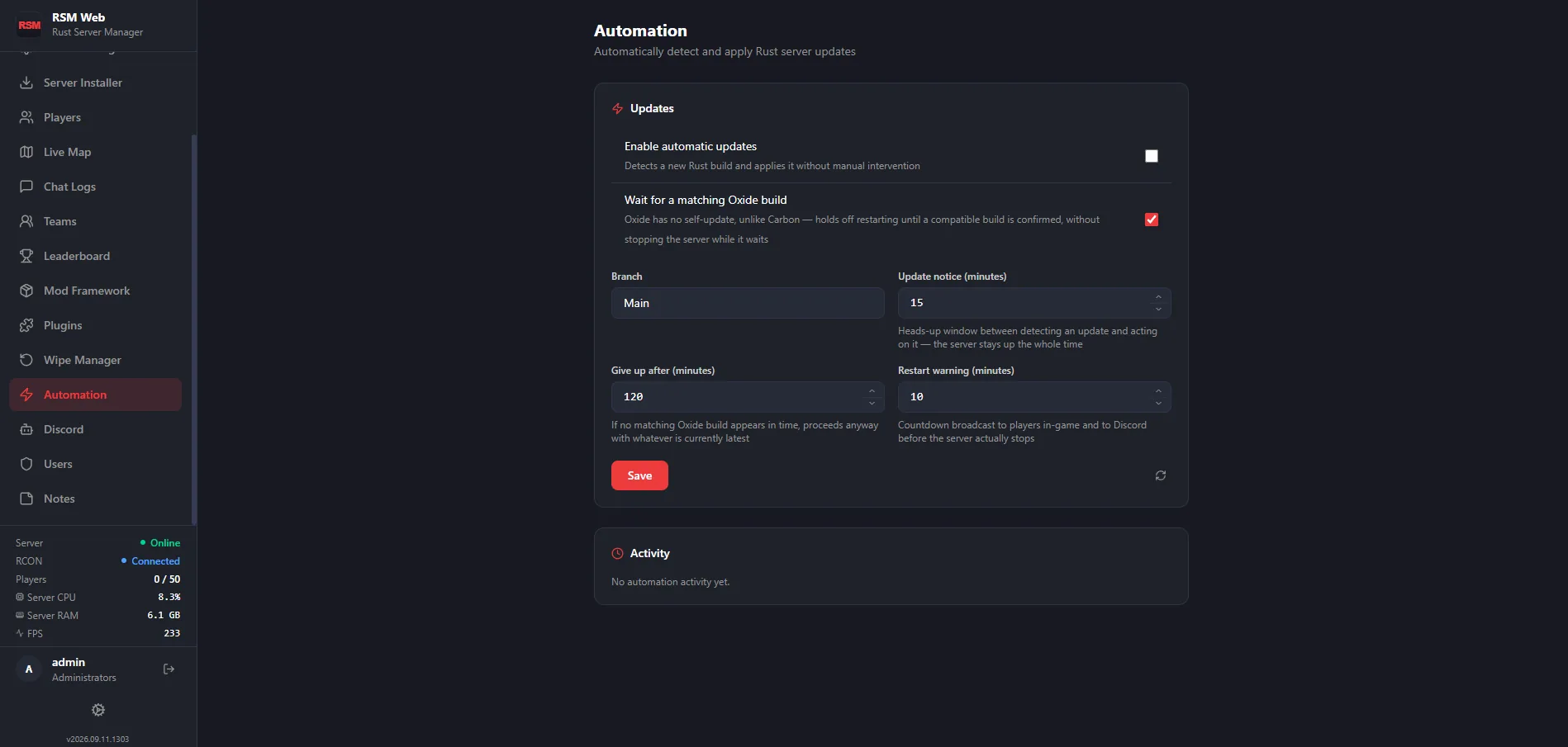 RSM Web Automation page with automatic updates, a wait-for-matching-Oxide-build toggle, branch, update notice, give-up timeout and restart warning fields