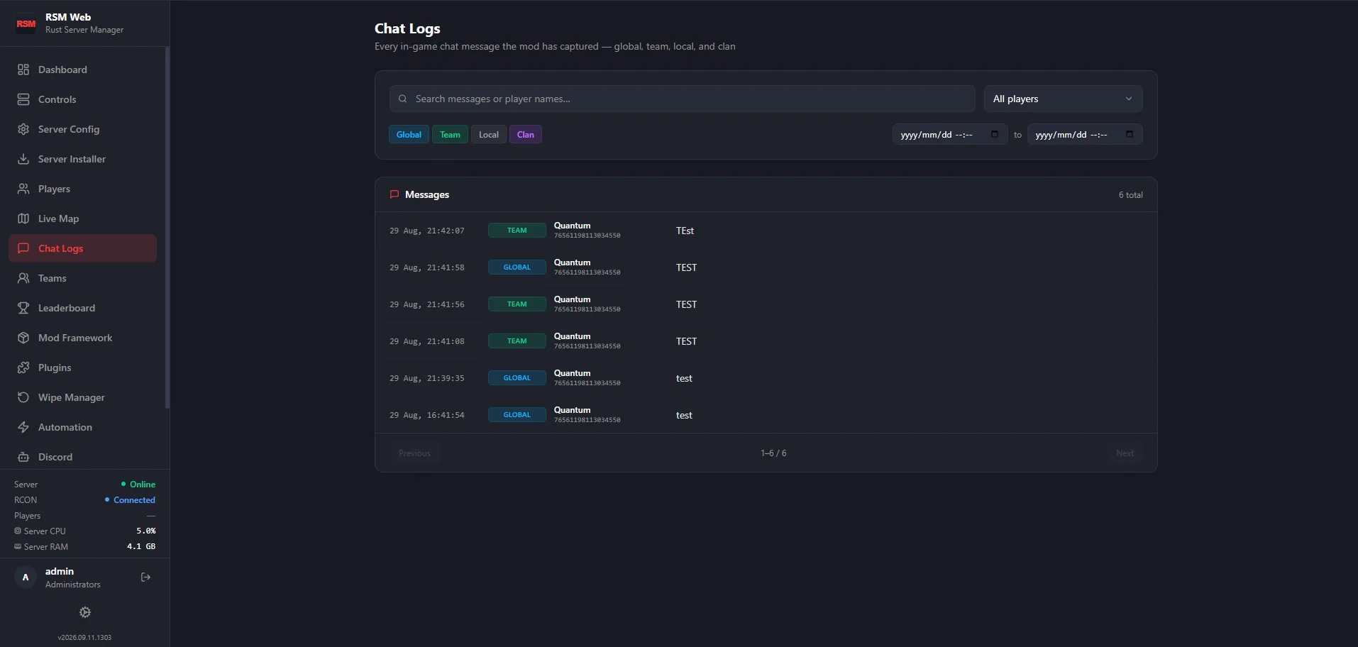 RSM Web Chat Logs page with Global, Team, Local and Clan scope filters, a message search box, a player filter, a date range, and a timestamped message table showing scope badges and Steam IDs