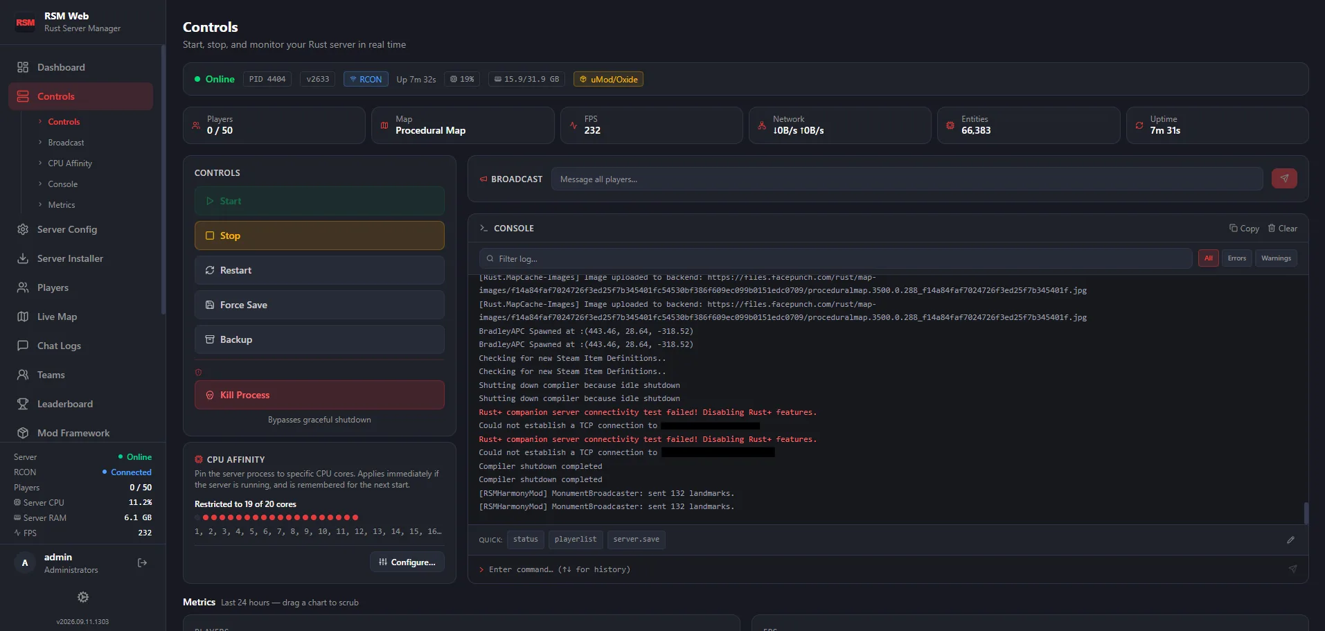 RSM Web Controls page: a status strip with PID, build, RCON state and uptime, six live stat tiles, start/stop/restart buttons, a broadcast box and a filterable server console