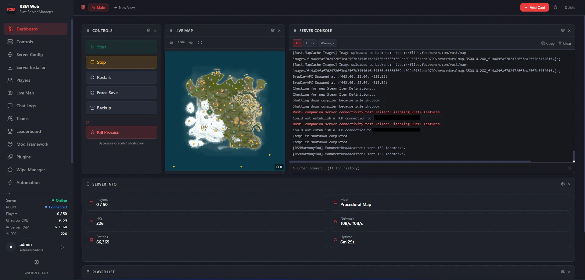 RSM Web's dashboard: server controls, live map and console as drag-and-resize cards