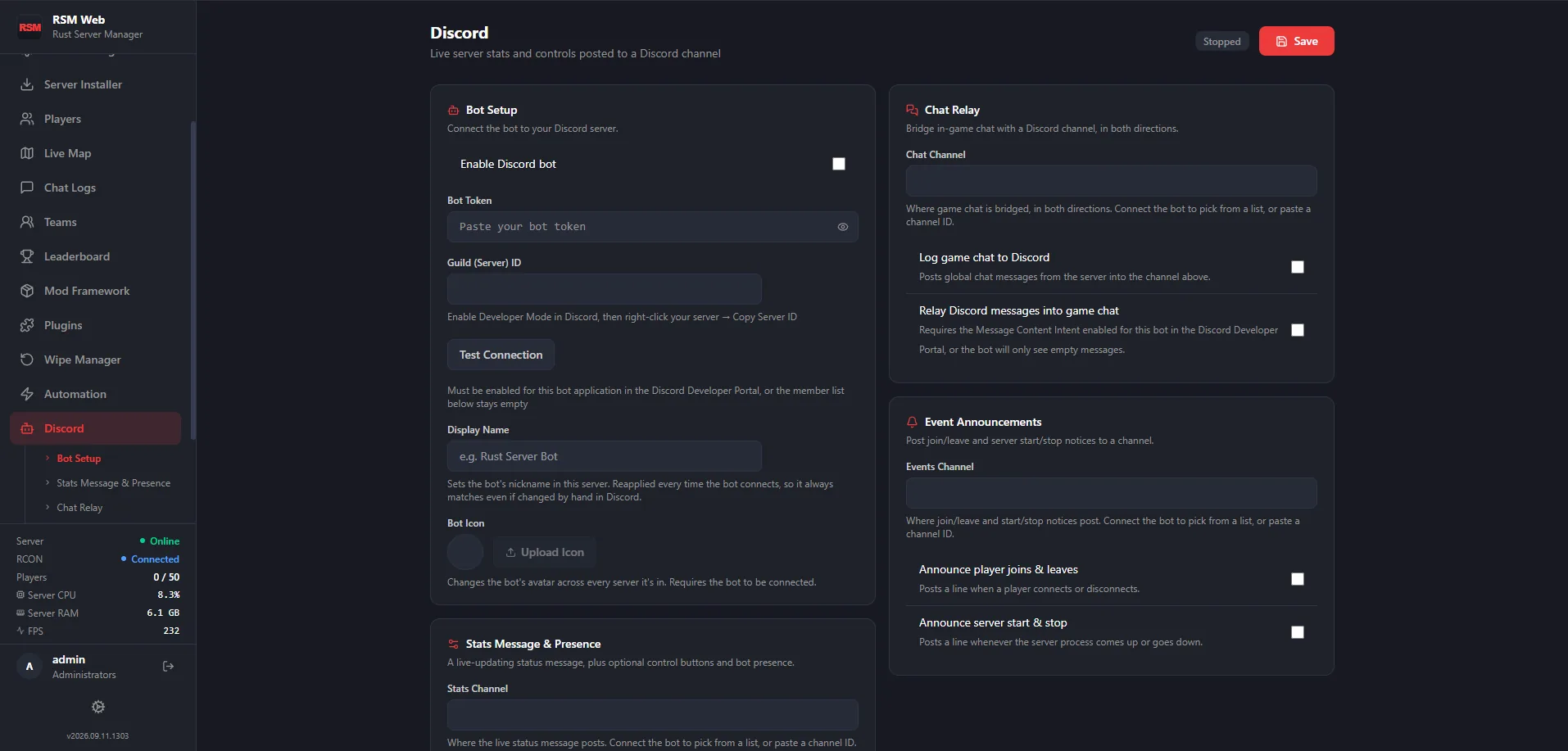 RSM Web's Discord integration settings: bot setup, chat relay and event announcements