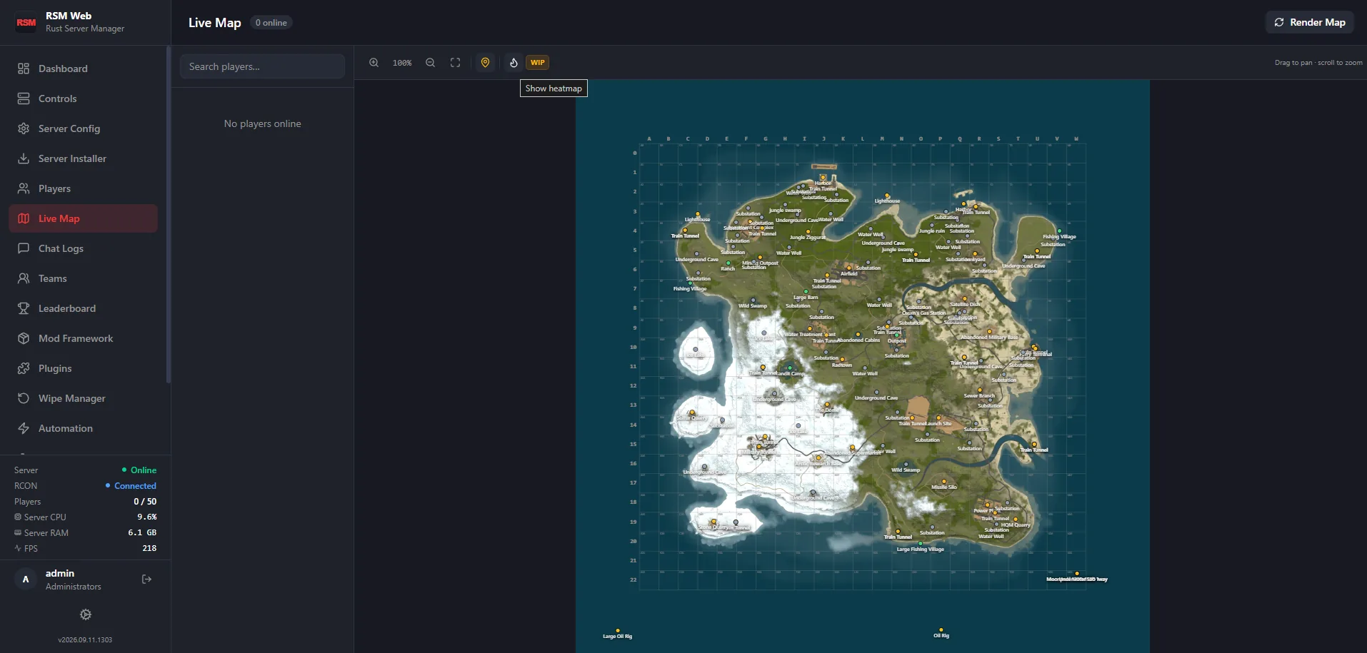RSM Web's Live Map page with real-time player positions