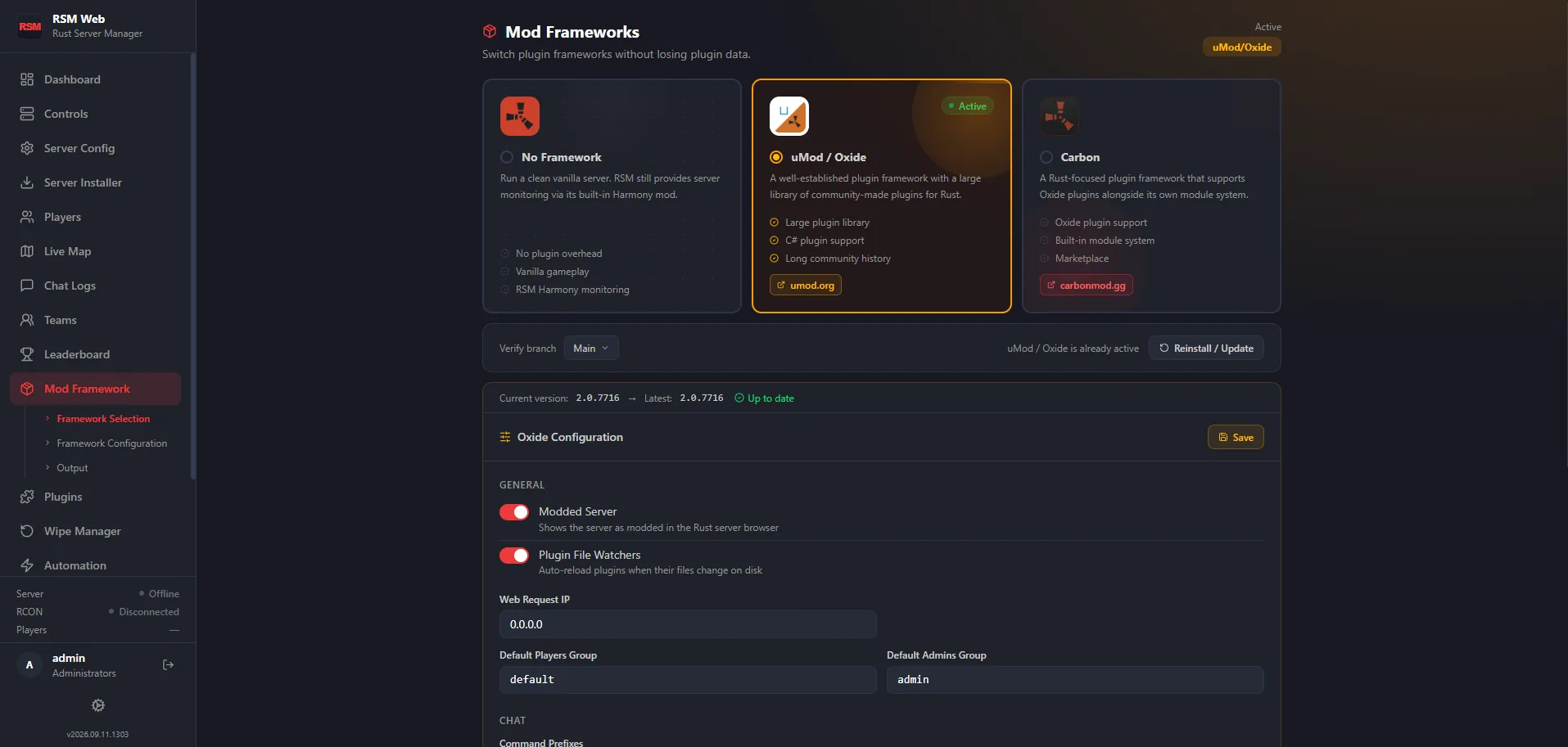 RSM Web's framework picker showing No Framework, uMod/Oxide and Carbon options