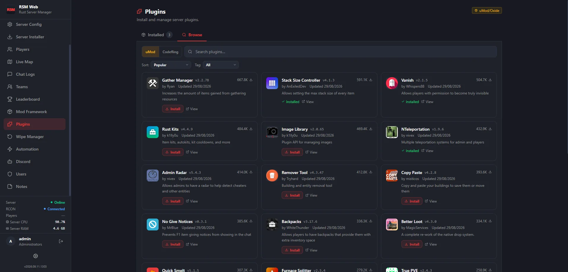 RSM Web's plugin browser listing plugins pulled live from uMod