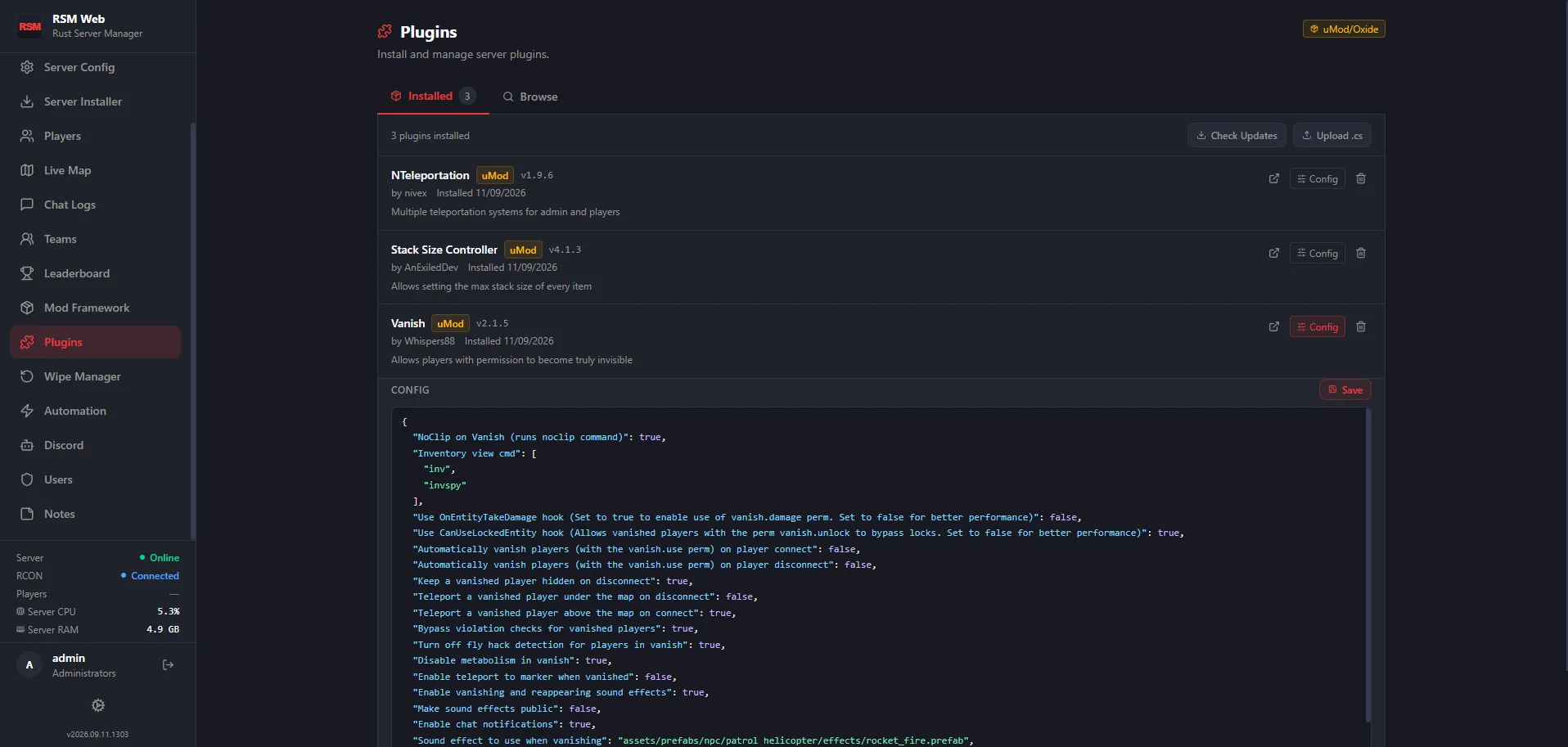 RSM Web installed plugins tab listing three installed uMod plugins with version, author and install date, above a syntax-highlighted JSON config editor with a save button