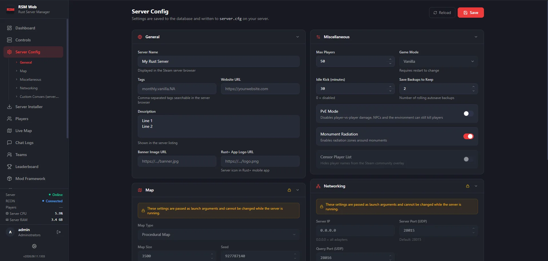 RSM Web Server Config page with General, Miscellaneous, Map and Networking cards; the Map and Networking cards carry a lock notice saying they cannot change while the server is running