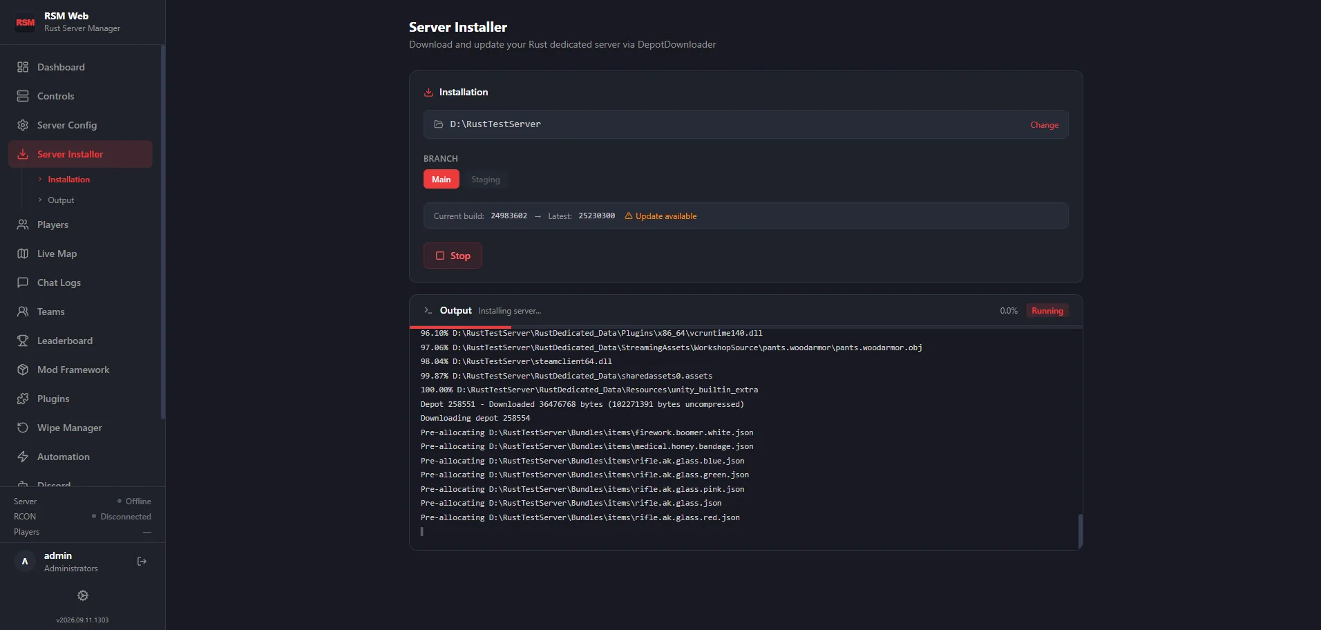 RSM Web Server Installer showing the install directory, main and staging branch options, a current-build versus latest-build comparison flagging an update, and a live output log