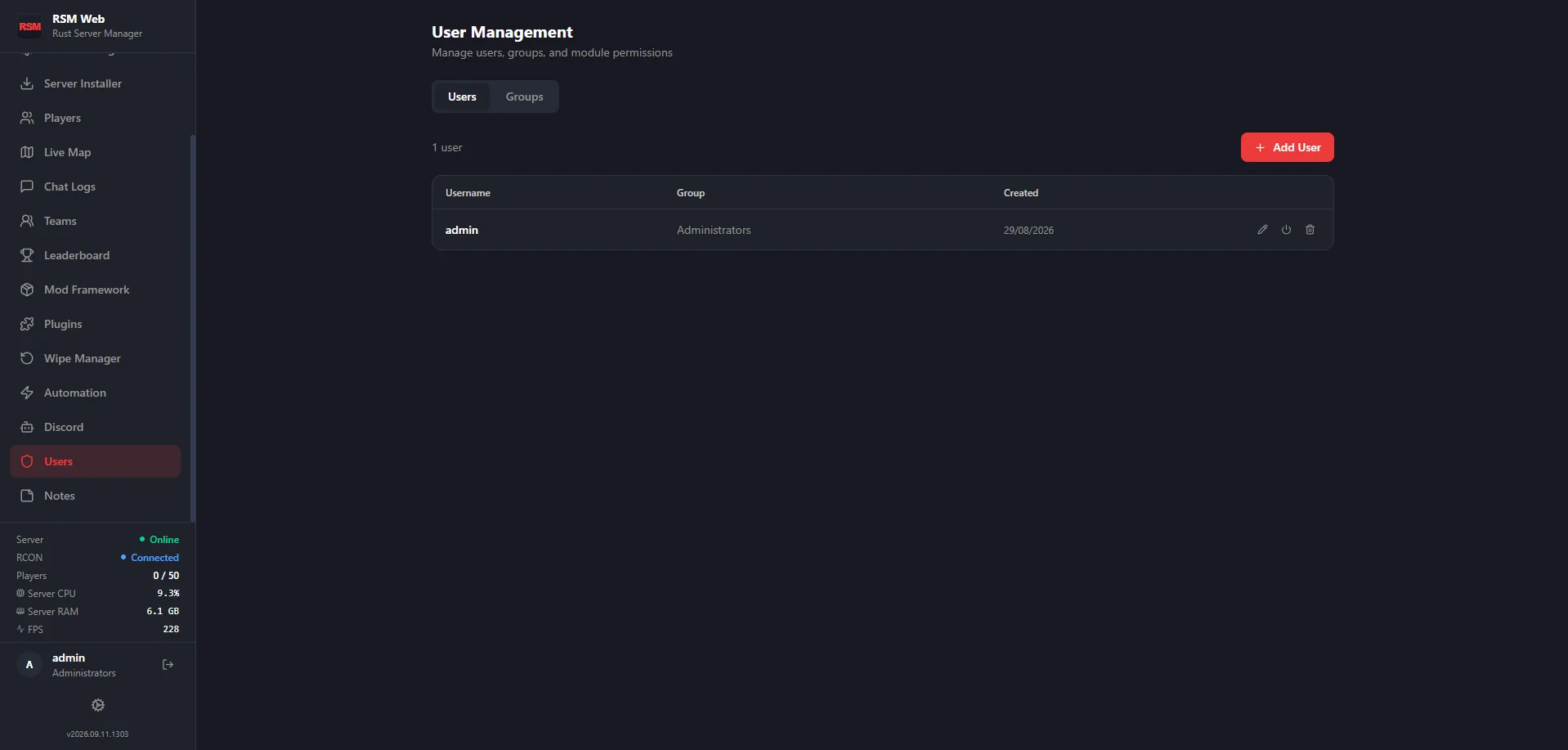RSM Web User Management page with Users and Groups tabs and a table of accounts showing username, group and creation date
