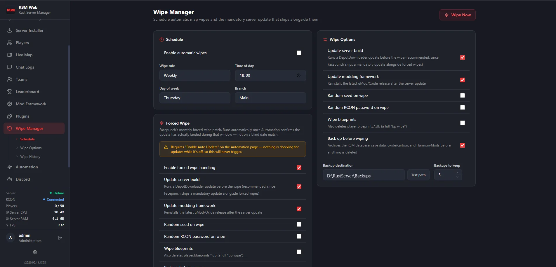 RSM Web Wipe Manager with a schedule card, a forced-wipe card explaining it waits for Automation to confirm the update, and a wipe options card covering builds, seeds, blueprints and backups